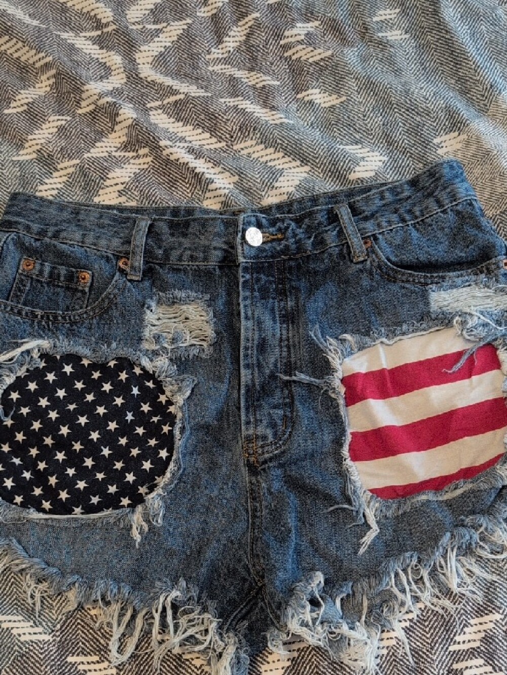 Bailey Ray & Co Blue Denim Cutoff Shorts with Red & White Flag Patches. American - Picture 7 of 7